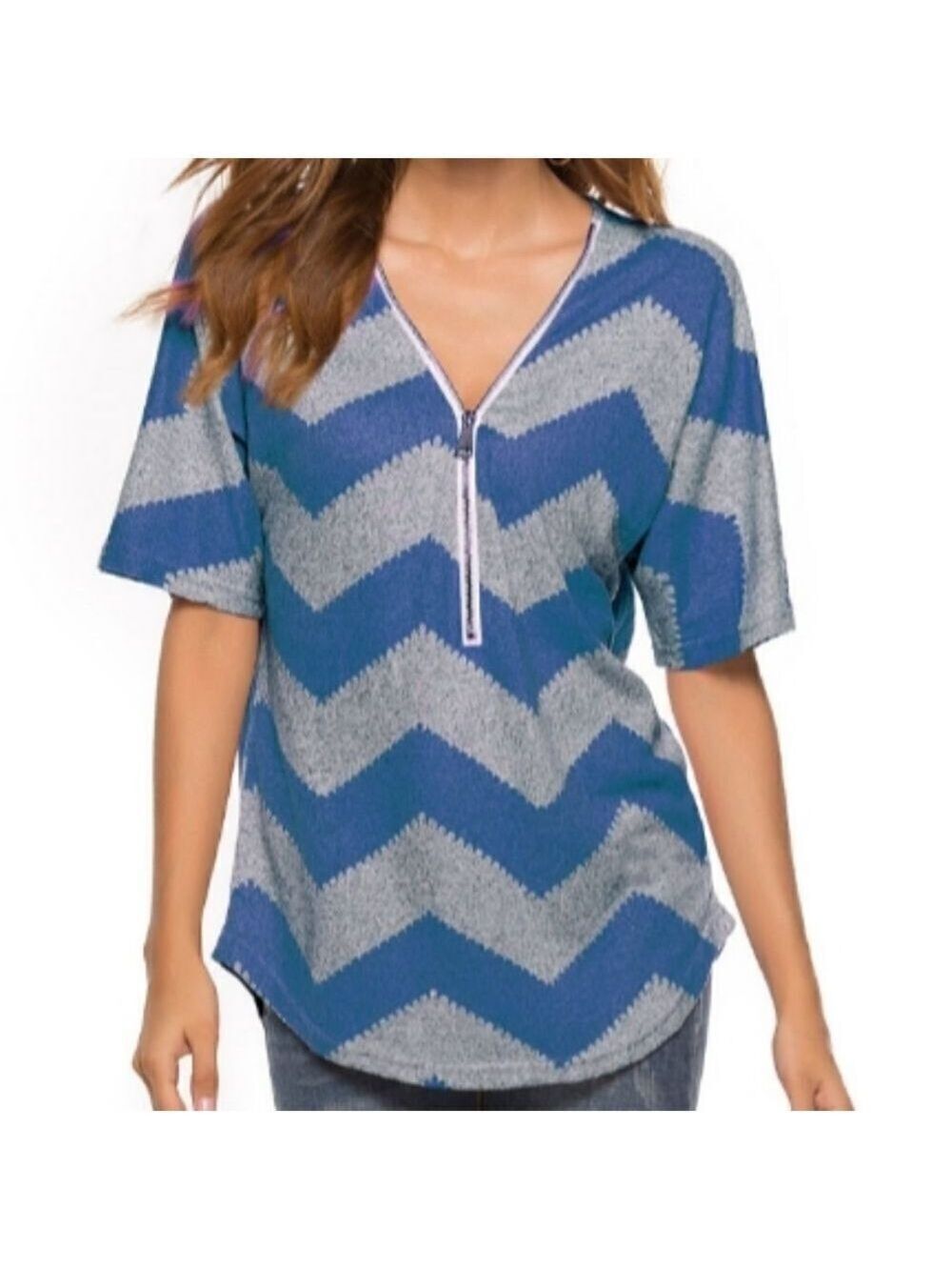 NWOT Women Color Block Zipper V-Neck Short Sleeve Top ,Size S